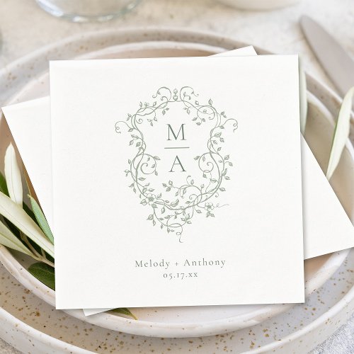 Sage Green French Floral Crest Classic Wedding Napkins