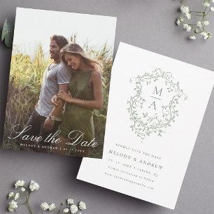Sage Green French Floral Crest Wedding Photo Save The Date