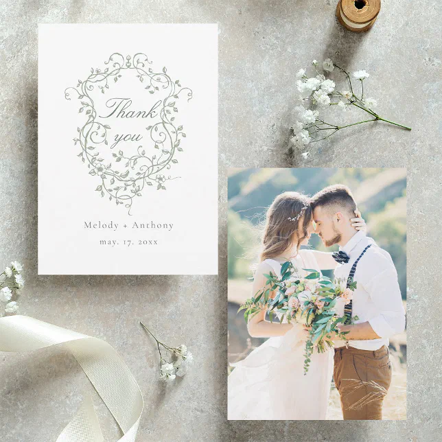 Sage Green French Floral Crest Wedding Photo Thank You Card | Zazzle