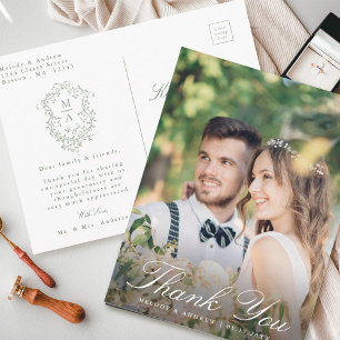 Sage Green French Floral Crest Wedding Thank You Postcard