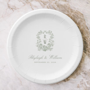 Sage Green French Floral Monogram Crest Paper Plates