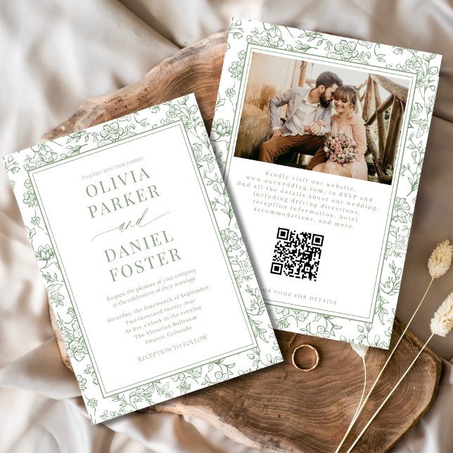 Sage Green French Floral QR Code Toile Invitation (Creator Uploaded)