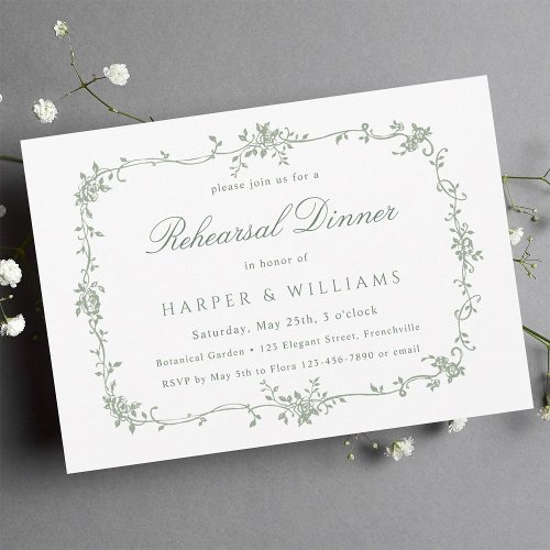 Sage Green French Floral Rehearsal Dinner Invitation