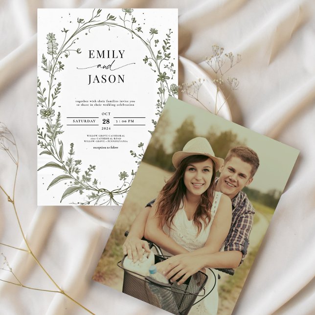 Sage Green French Roses Botanical Photo Wedding Invitation (Creator Uploaded)