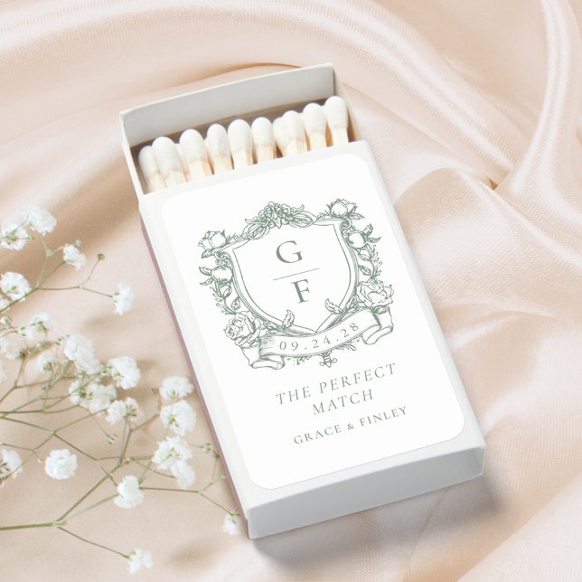 Sage Green French Roses Monogram Crest Wedding Matchboxes (Creator Uploaded)