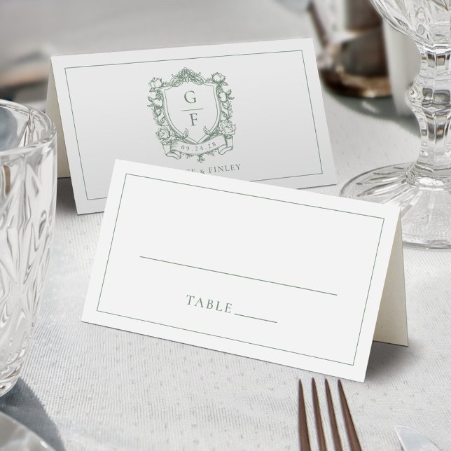 Sage Green French Roses Monogram Crest Wedding Place Card (Creator Uploaded)