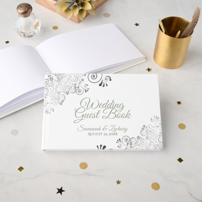 Sage Green Frilly Filigree Elegant White Wedding Guest Book (Front Open)
