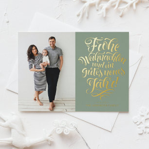 Sage Green Frohe Weihnachten Calligraphy Photo Foil Holiday Card