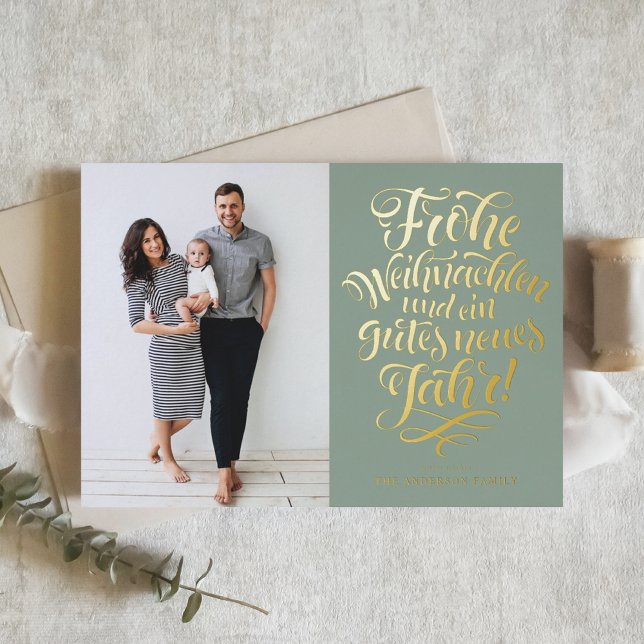 Sage Green Frohe Weihnachten Calligraphy Photo Foil Holiday Card (Creator Uploaded)