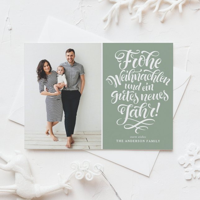 Sage Green Frohe Weihnachten Calligraphy Photo Holiday Card (Creator Uploaded)
