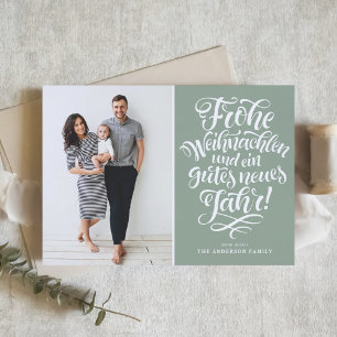 Sage Green Frohe Weihnachten Calligraphy Photo Holiday Card