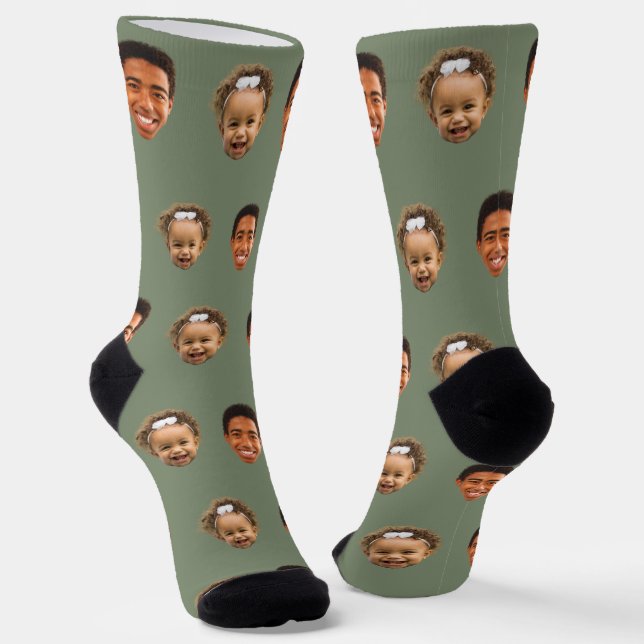 Sage Green Funny Custom 2 Face Photo Mom Socks (Angled)