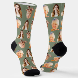 Sage Green Funny Custom Mom of 3 Kids Photo Socks