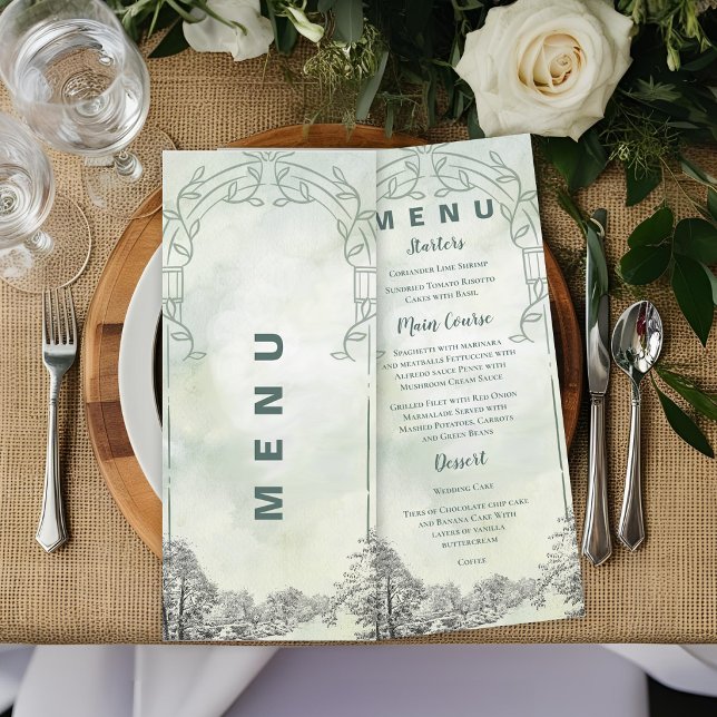 Sage Green Garden Arch Botanical Wedding Reception Menu (Sage Green Garden Arch Wedding Menu | Elegant Botanical Reception Menu)