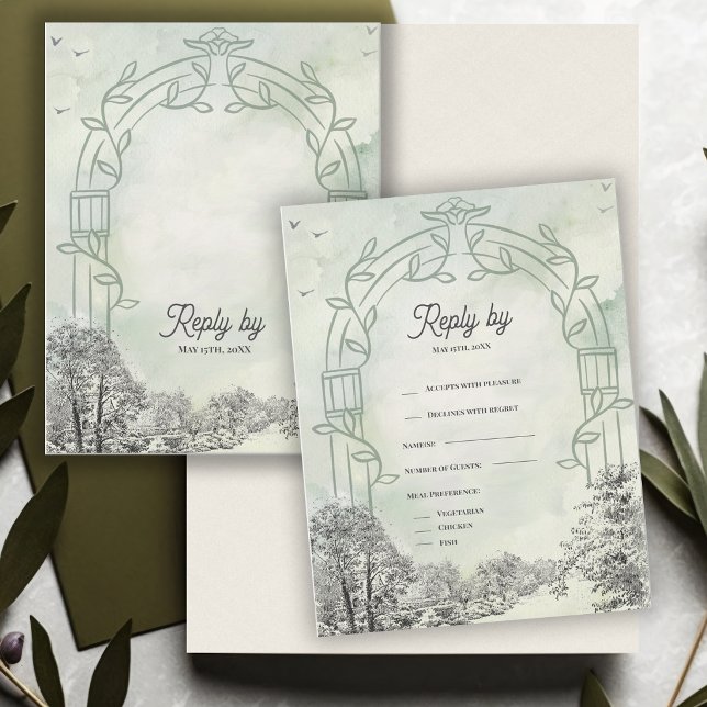 Sage Green Garden Arch Wedding Reply By RSVP Card (Sage Green Garden Arch Wedding RSVP Card | Elegant Botanical Response Card)