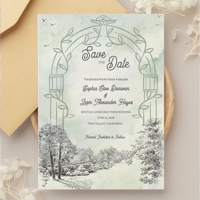 Sage Green Garden Arch Wedding Save The Date (Sage Green Save the Date Wedding Card | Garden Arch Wedding Save the Date )