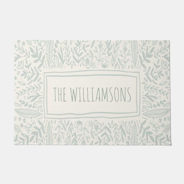 Sage Green Garden Floral Art Border Name  Doormat (Front)