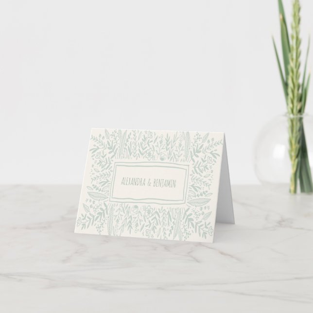 Sage Green Garden Floral Art Border Name Wedding Thank You Card (Front)