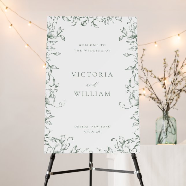 Sage Green Garden Floral Wedding Welcome Foam Board (In Situ (Stand))