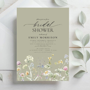 Sage Green Garden Flowers Script Bridal Shower Invitation