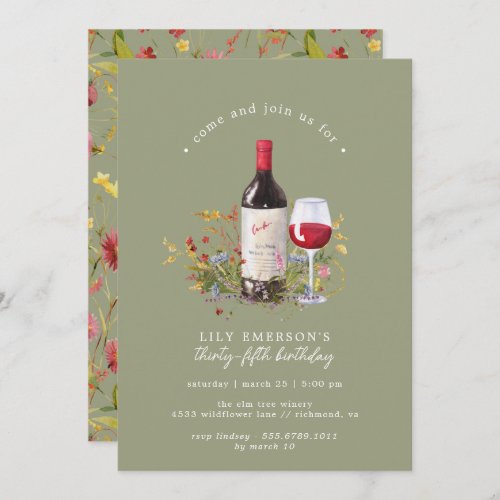 Sage Green Garden  Wine Tasting Adult Birthday Invitation