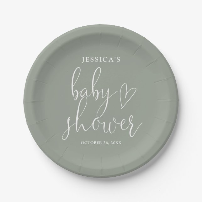 Sage Green Gender Neutral Baby Shower Paper Plates (Front)