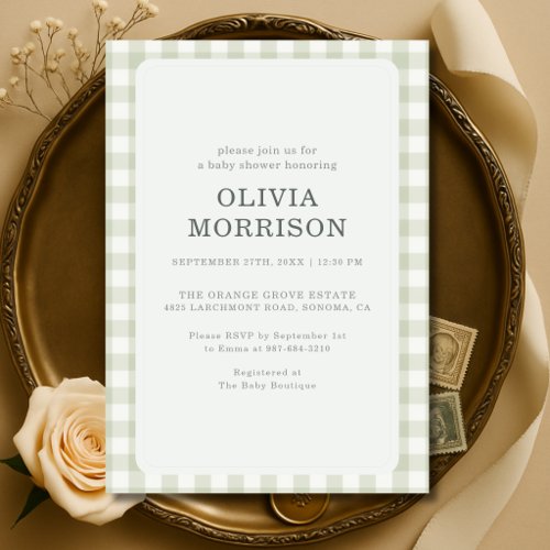Sage Green Gender Neutral Gingham Baby Shower Invitation