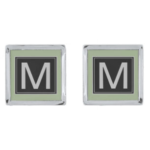 Sage Green Geometric Black Silver Monogram Cufflinks