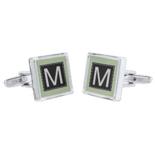 Sage Green Geometric Black Silver Monogram Cufflinks