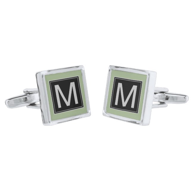 Sage Green Geometric Black Silver Monogram Cufflinks (Angled)