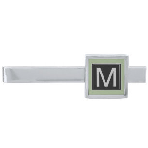Sage Green Geometric Black Silver Monogram  Finish Tie Bar