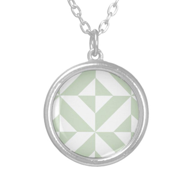 Sage Green Geometric Deco Cube Pattern Silver Plated Necklace (Front)