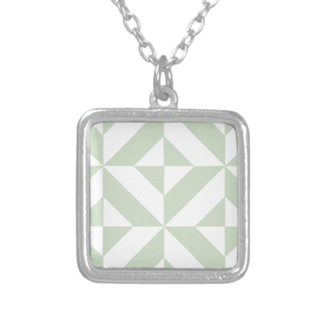Sage Green Geometric Deco Cube Pattern Silver Plated Necklace (Front)