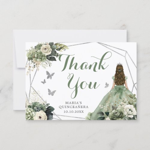 Sage Green Geometric Floral Princess Quinceaera Thank You Card