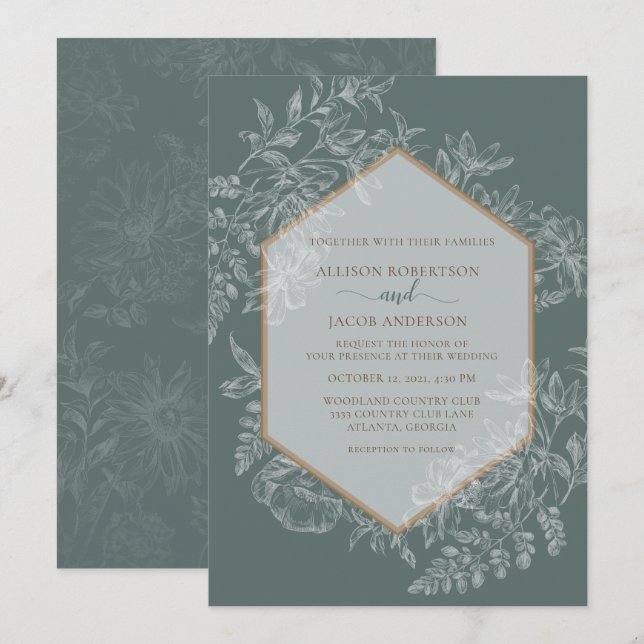 Sage Green Geometric Floral Tapestry Wedding Invitation (Front/Back)