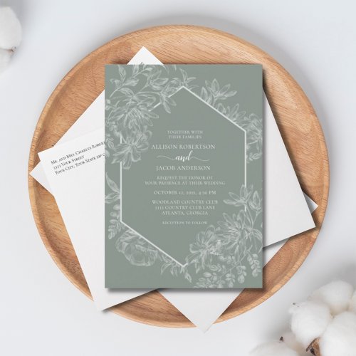 Sage Green Geometric Floral Wedding All In One Invitation