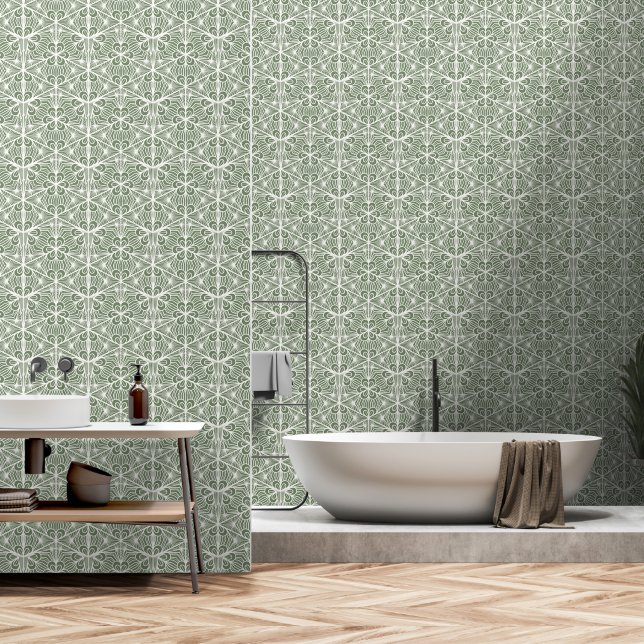 Sage Green Geometric Pattern Wallpaper (Bathroom)