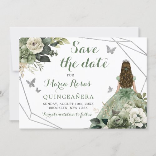 Sage Green Geometric Princess Quinceaera Floral Invitation