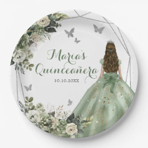 Sage Green Geometric Princess XV Años Floral Paper Plates