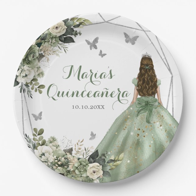 Sage Green Geometric Princess XV Años Floral Paper Plates (Front)