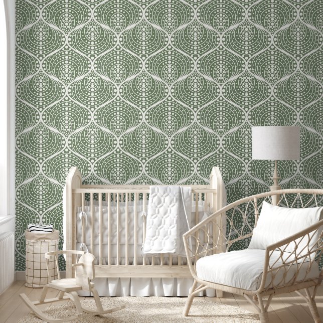Sage Green Geometric Retro Pattern Wallpaper (Kids)