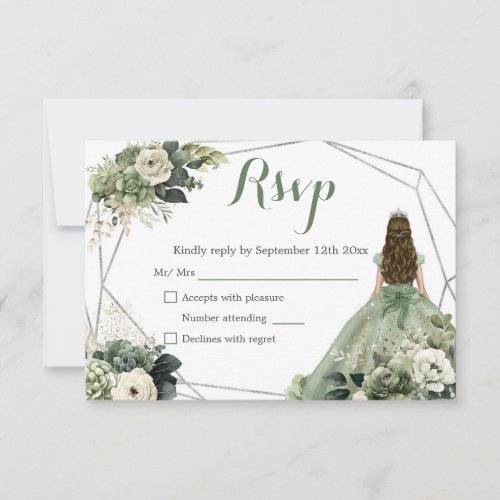 Sage Green Geometric Royal Princess Quinceaera RSVP Card