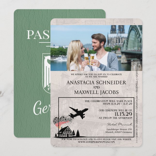 Sage Green Germany Passport Wedding Invitation (Front/Back)