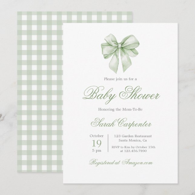 Sage Green Gingham and Bow Baby Shower Invitation (Front/Back)