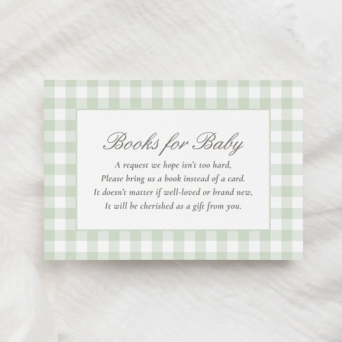 Sage Green Gingham Baby Shower Books for Baby Enclosure Card