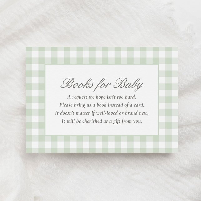 Sage Green Gingham Baby Shower Books for Baby Enclosure Card (Creator Uploaded)