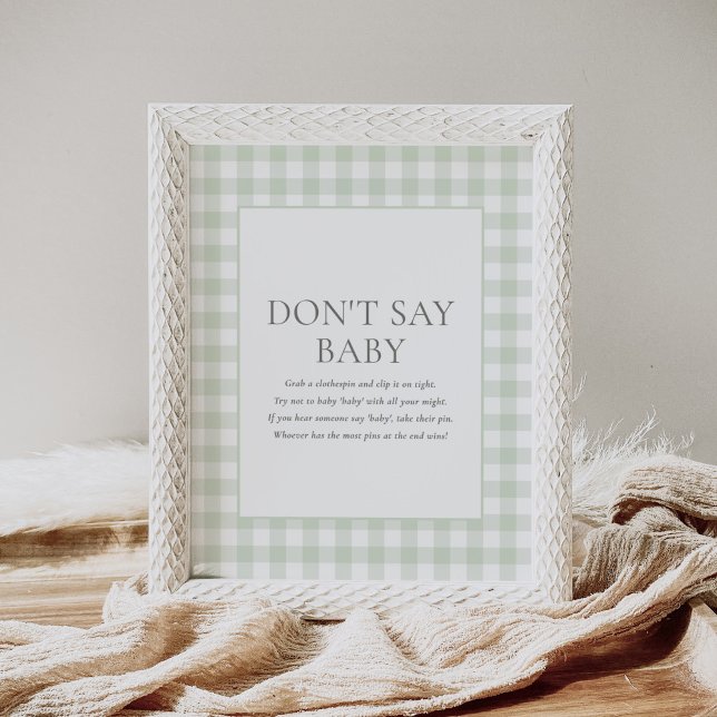 Sage Green Gingham Baby Shower Don't Say Baby Sign (Creator Uploaded)