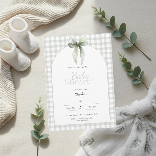 Sage Green Gingham Baby Shower Invitation (Baby shower invitation on soft beige blanket with eucalyptus, booties and muslin cloth)