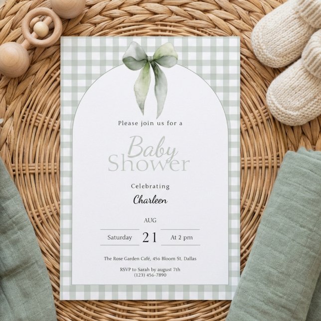 Sage Green Gingham Baby Shower Invitation (Gingham sage green baby shower invitation with bow detail on cozy neutral flatlay)