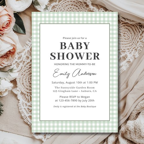 Classic Gingham Sage green Gingham or plaid baby shower invitation